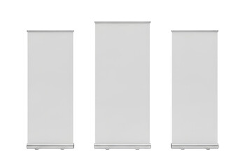 Three white roll-up banners mockups  on transparent background for advertising and branding purposes