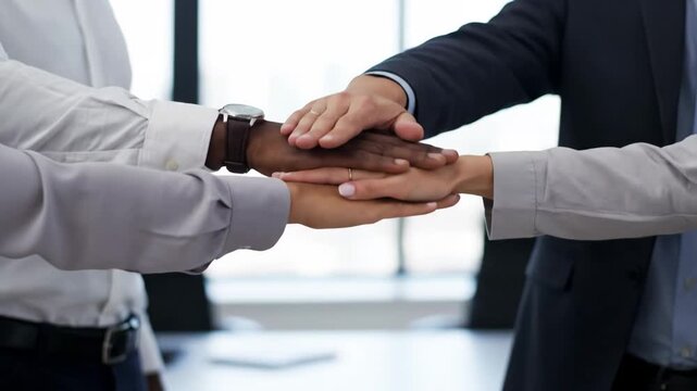 Diverse business team stacking hands in unity. Professional men and a woman demonstrate teamwork for collaboration and partnership success.