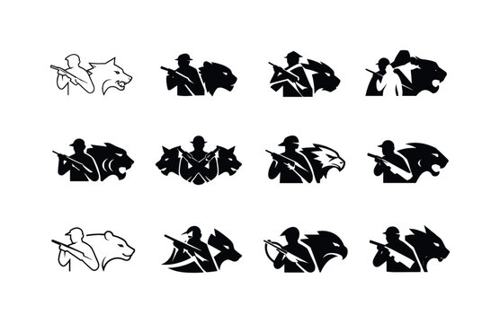 Ruthless hunters. Icon set. Set Logo of ruthless hunters: predatory animal silhouette. harmonious logo variations of the same emblematic
