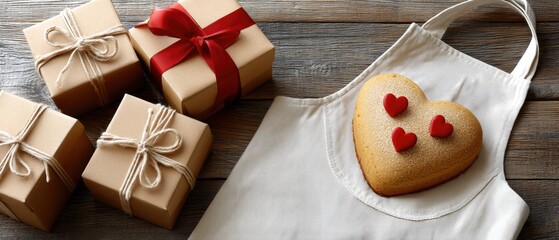 Heart-shaped cake with red and pink hearts on a table next to gift boxes and an apron for a Valentine's Day celebration viewed from above