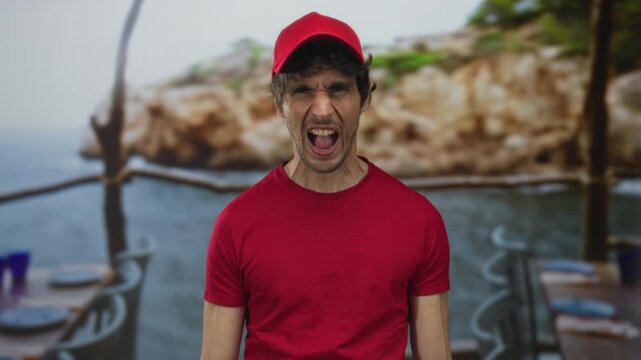 Young delivery man wearing red cap and red shirt yells with bared teeth on restaurant terrace; frustration.