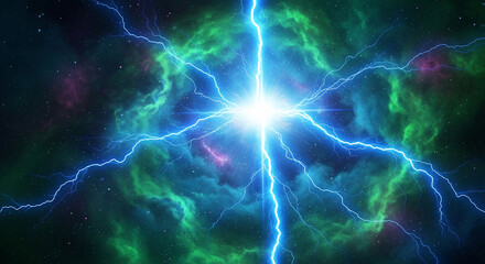 Fototapeta premium Image of electric blue lightning striking a central bright light amid swirling green and purple nebula, representing energy, power, and cosmic event