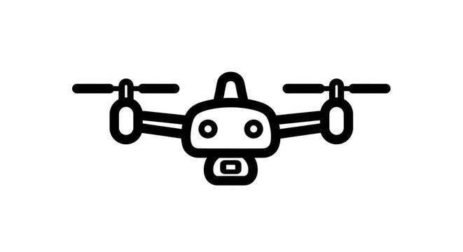 A black and white line art illustration of a modern quadcopter drone featuring a camera and dual rotors on a plain white background. illustration