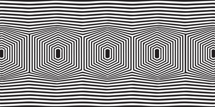 Abstract geometric optical illusion pattern with hexagonal shapes and wavy lines, black and white optical art