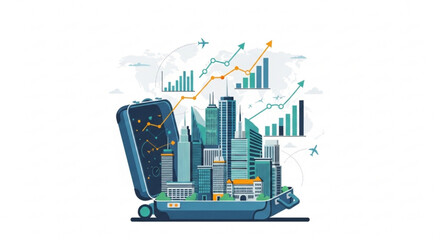 Obraz premium Businessman travels with cityscape and financial growth graphs on smartphone
