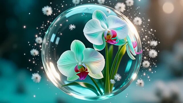 3D animation of orchids and calla lilies inside crystal ball with sparkling particles and soft background