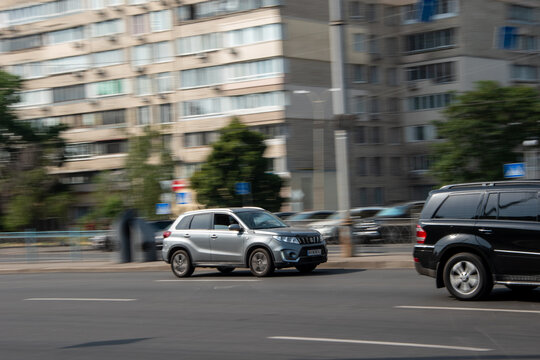 Ukraine, Kyiv - 16 Jule 2021: Silver Suzuki Vitara car moving on the street. Editorial
