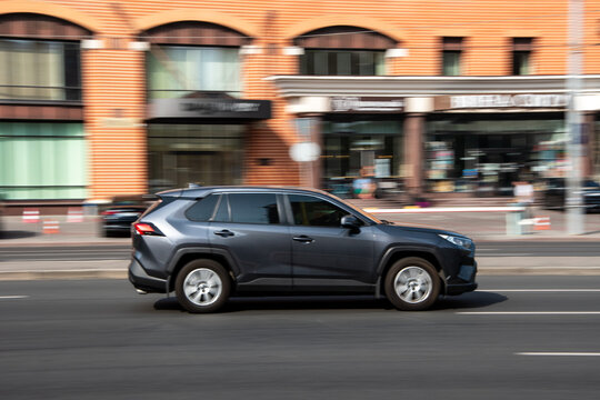 Ukraine, Kyiv - 16 Jule 2021: Gray Toyota RAV 4 car moving on the street. Editorial