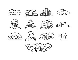 Urban Smog Crisis. Line icon set of Urban Smog Crisis: dense smog layer, traffic jam, high rise buildings, sun blocked by haze, pedestrian