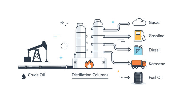 Minimalist Refinery Schematic. Refinery process flow. A schematic view showing crude oil entering, passing through distillation columns, and separating into