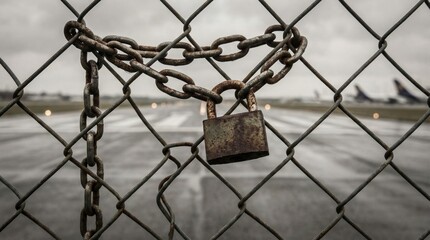 Locked Fence at Airport Runway with Aircraft in Background