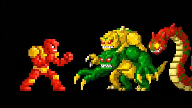 Pixelated fighter confronts creatures on black background for illustration