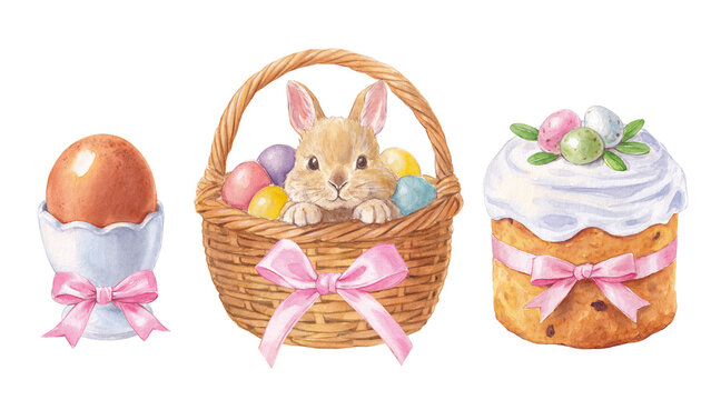 Watercolor Easter Celebration Elements Set: bunny in wicker basket with colorful eggs, Easter Cake with Sugar Icing and brown egg in a white egg cup with pink bow