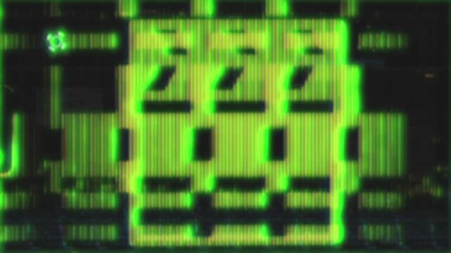 Green pixelated face on black background