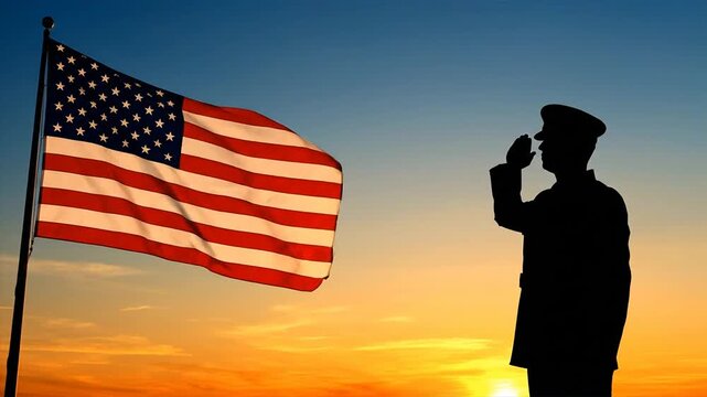 Soldier silhouette saluting american flag at sunset symbolizing patriotism