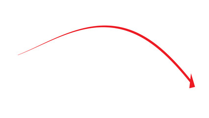 Obraz premium Red curved arrow showing a downward arc, representing decline, loss, or a downward trend on white background