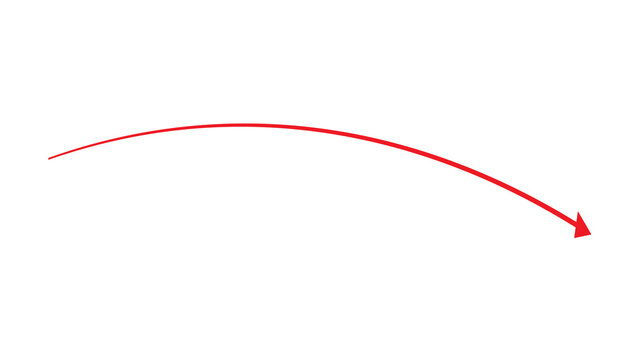 Red curved arrow indicating a downward trajectory, symbolizing decline, failure, or falling on white background