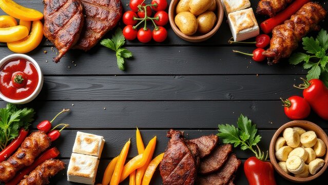 summer bbq food double border with assorted grilled meats potatoes vegetable dishes and smores platter on dark wooden banner background top view with copy space 