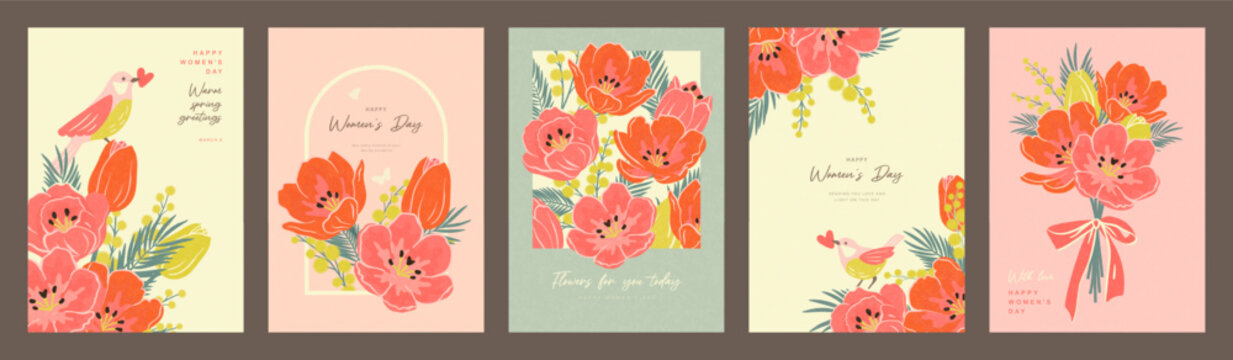Set of greeting card designs in trendy grainy style with spring tulips, mimosa branches and birds for International Women's Day celebration on March 8, vector illustration