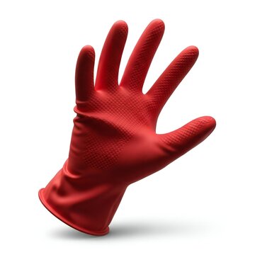 A bright red textured rubber glove displayed against a plain background