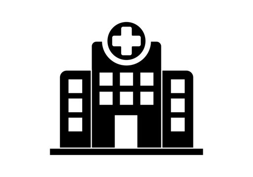 Edificio de hospital con s&iacute;mbolo de cruz m&eacute;dica en estilo de icono negro