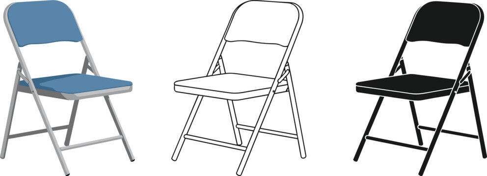 Vector illustration of folding chair shown in three styles: full‑color blue with gray frame, line drawing outline, and solid black silhouette for design comparison.