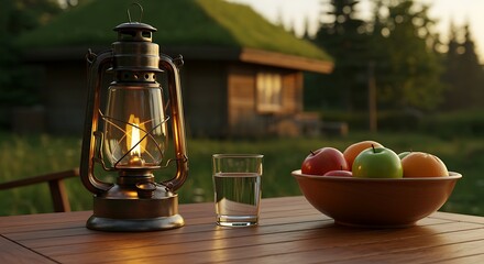 vintage lantern glass of water and bowl of apples on wooden table outdoors
