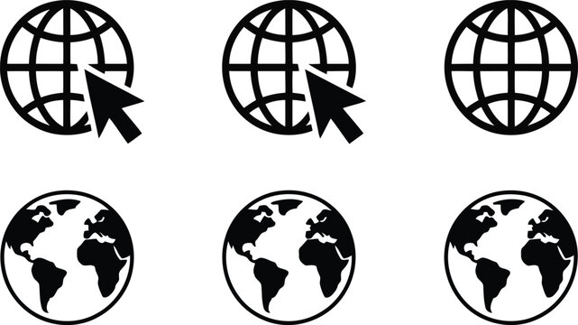 Various black and white globe icons representing global communication and internet access with cursors