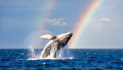 Whale breaching under rainbow in ocean, celebrating Whale Day © Vera