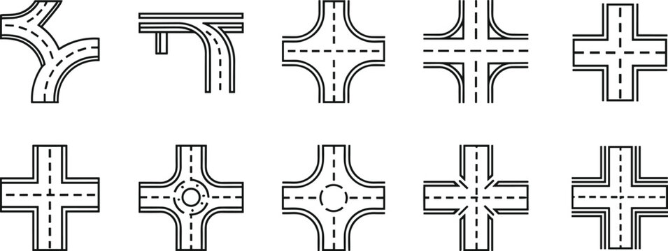 Collection of road intersection and junction line art icons Keywords: intersection, junction, road, highway, traffic, street