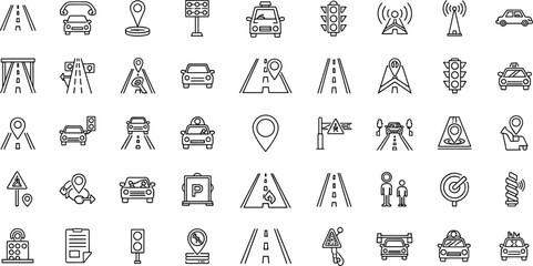 Fototapeta premium Icons for traffic, roads, navigation and urban transportation systems Keywords: traffic, road, navigation, transportation, car