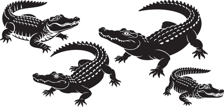 alligator and crocodile silhouettes set in bold black vector illustration style