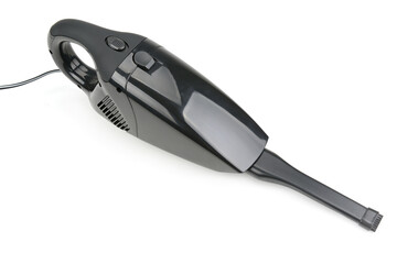 Compact Black Automotive Vacuum Cleaner with Nozzle and Cord Isolated on White Background