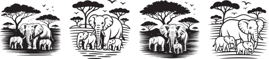 african elephant family illustrations set in savanna landscape black and white vector style