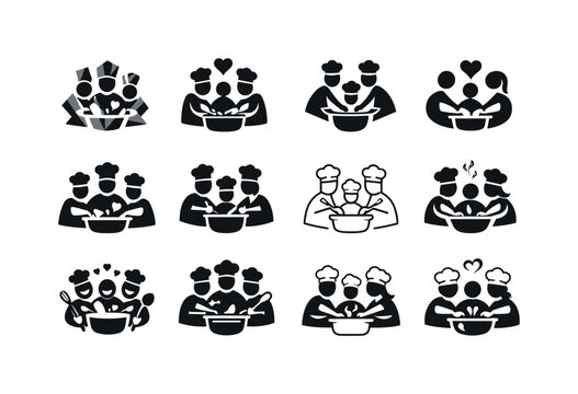 Encouraging family hobbies and creative activities. Icon set. Set Logo of encouraging family hobbies and creative activities: cooking