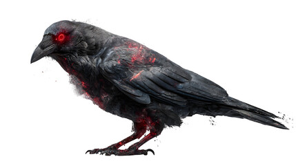 Obraz premium Dark ominous crow with glowing red eyes and blood splatter