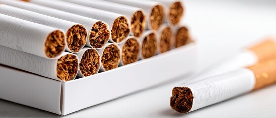 Close-up view of a pack of cigarettes showing tobacco ends on a white surface taken in a well-lit setting