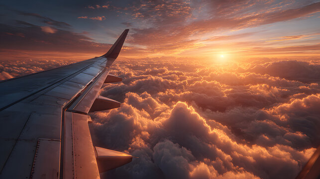 Airplane wing flying above clouds during golden sunset sky view from window