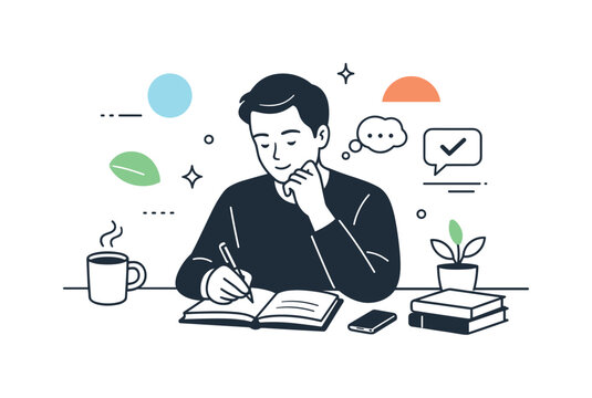 Introverted leadership. A calm leader working quietly at a desk, reviewing notes and making thoughtful decisions. The scene conveys focus,