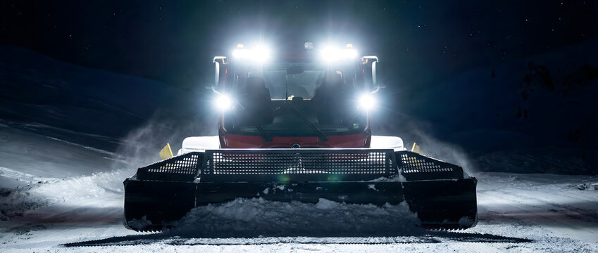 Snow groomer machine working on ski slope at night with bright headlights. Heavy snowcat vehicle preparing piste in ski resort.