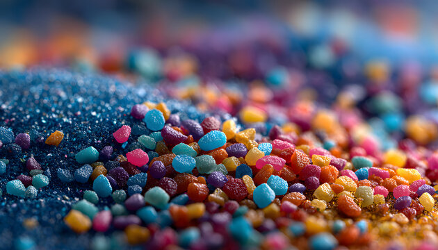 Close up view of vibrant colorful polymer granules. Bright blue, purple, orange, pink, yellow plastic pellets raw material for many products. Tiny bits vital for modern industrial production,