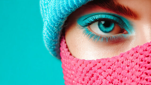 Gros plan sur oeil de femme maquill&eacute;e portant un bonnet