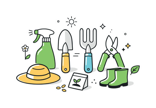 Minimalist Gardening Tools. Spring gardening tools close up. Simplified shapes highlight handles and metal parts without unnecessary detail. The feeling is