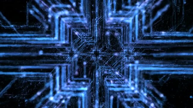 Futuristic blue neon circuit board pattern with glowing lines and geometric shapes.
