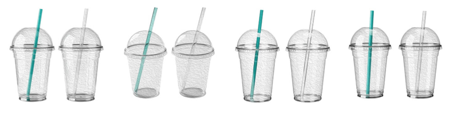 Set of clear disposable plastic cups with dome lids: Collection of takeaway smoothie and cold drink cups with straws isolated on white background for cafe branding mockups.