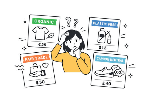 Ethical consumption tension. An editorial illustration showing multiple product cards competing for attention, with sustainability icons