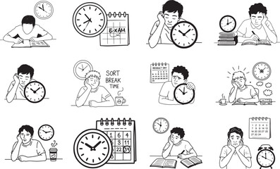 Hand Drawn Study & Exam Time Doodles Set Education, Study Routine & Time Management Line Icons