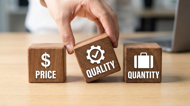 Hand lifting quality cube with gear check icon, comparing price and quantity options for purchasing decisions
