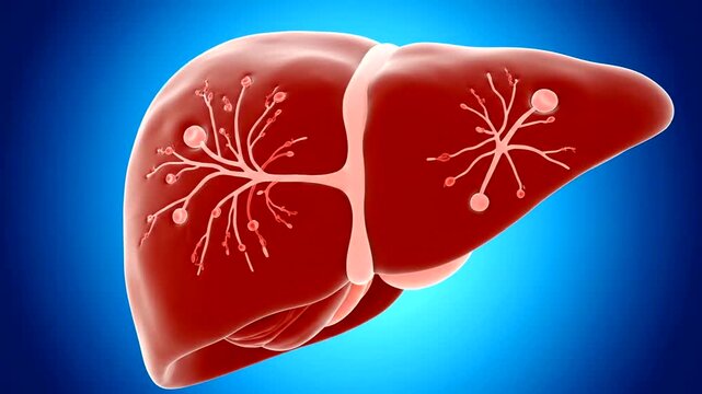 Human Liver Anatomy Illustration with Bile Ducts and Gallbladder.
