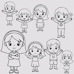 A collection of cute simple line drawings depicting children with various expressions